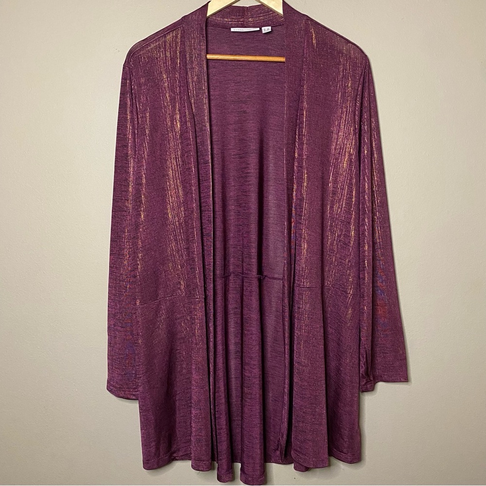 Susan Graver Open Front Duster Women Size 3X Purple Metallic Gold Pockets Office